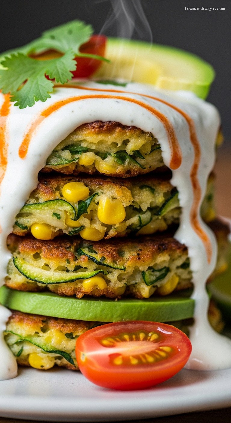 Sweet Corn Zucchini Fritters with Chili-Lime Vegan Sour Cream – Closeup