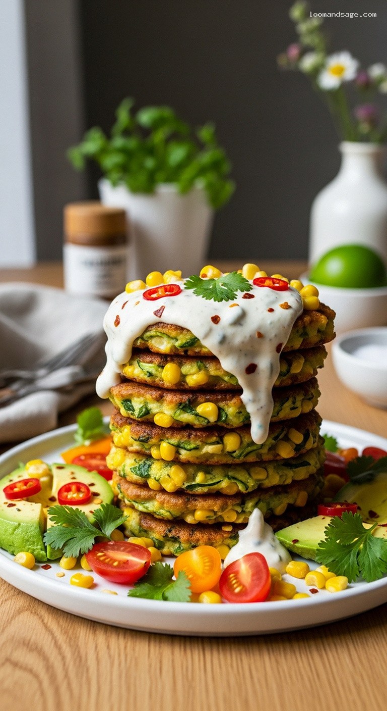 Sweet Corn Zucchini Fritters with Chili-Lime Vegan Sour Cream