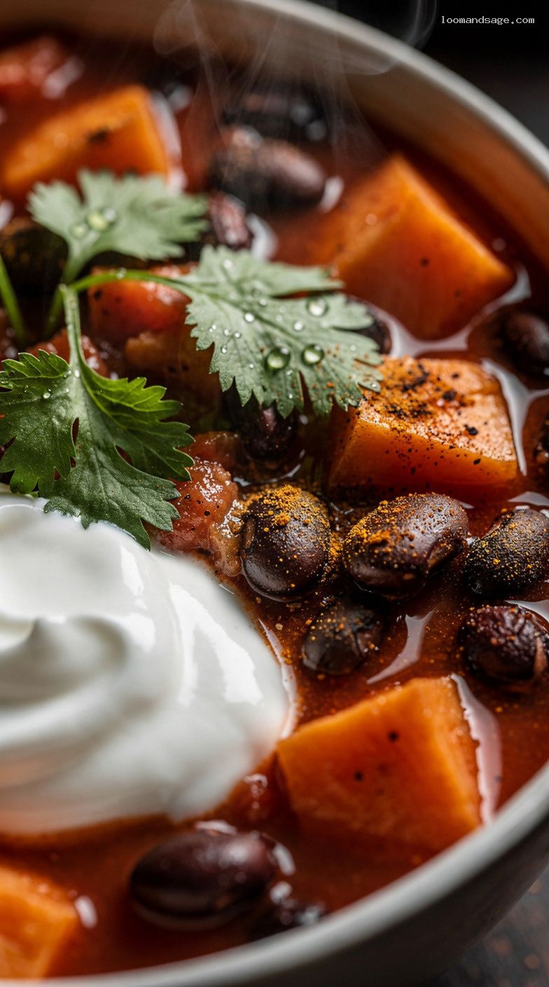 Sweet Potato and Black Bean Chili with Lime and Cilantro – Closeup