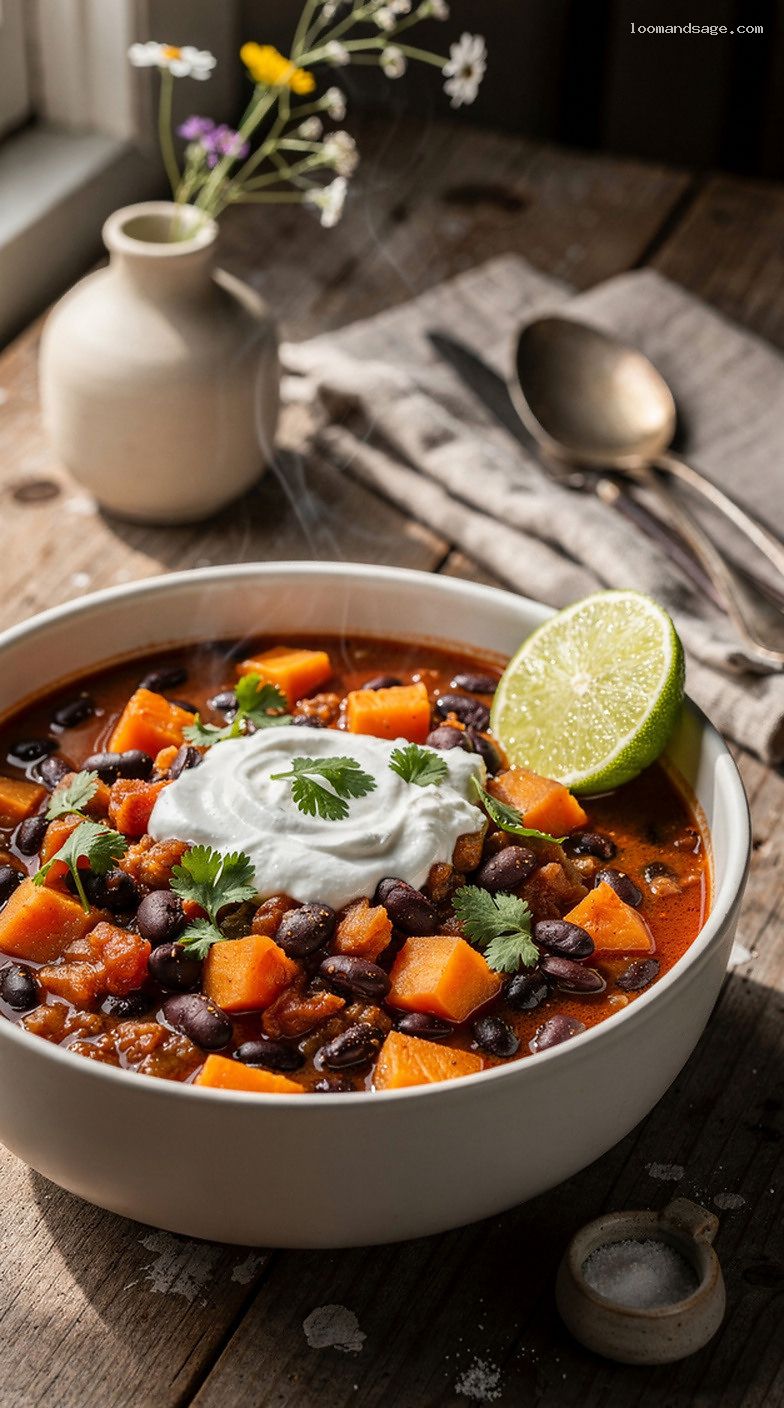 Sweet Potato and Black Bean Chili with Lime and Cilantro