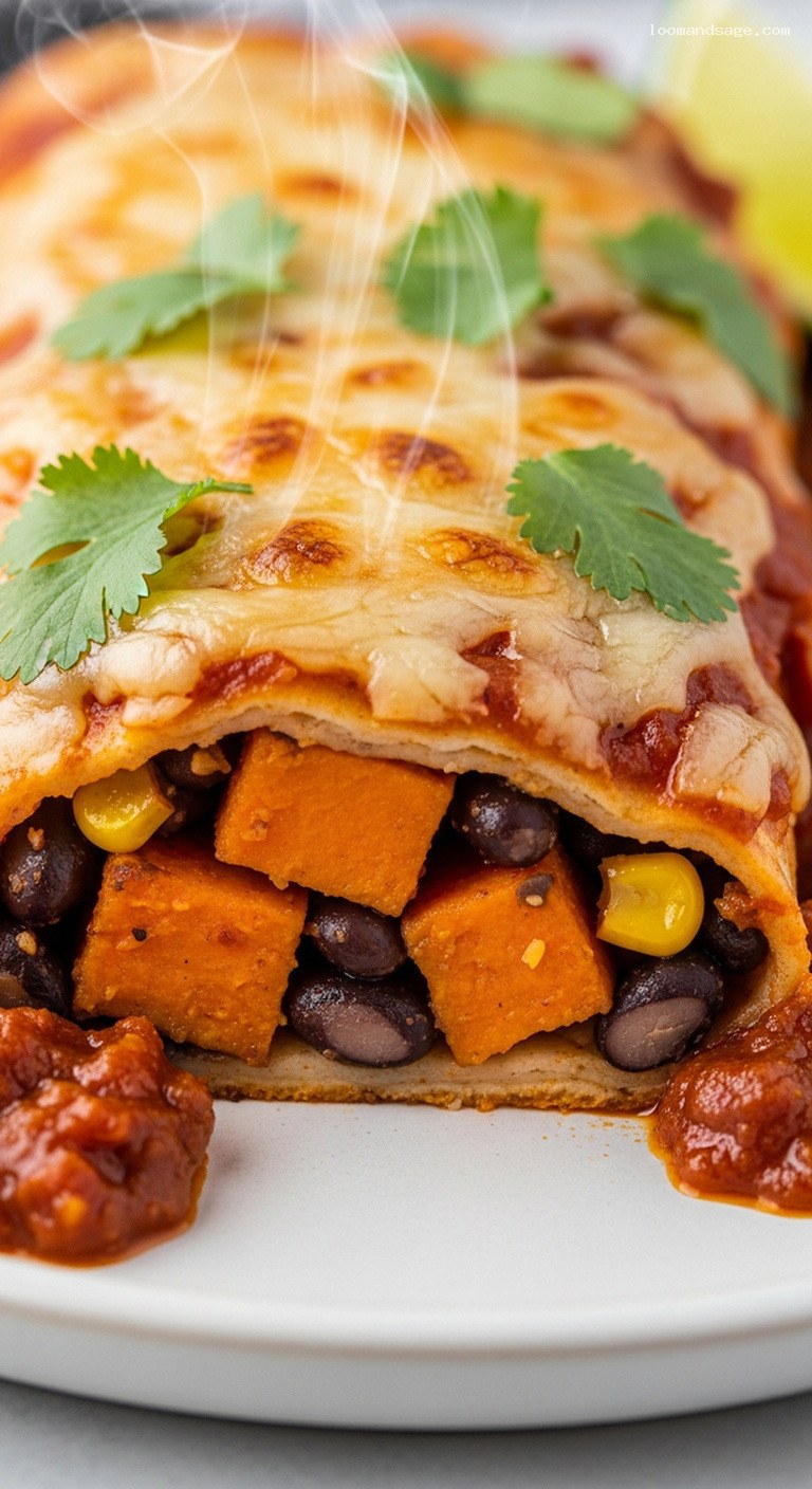 Sweet Potato and Black Bean Enchiladas with Chipotle Sauce – Closeup