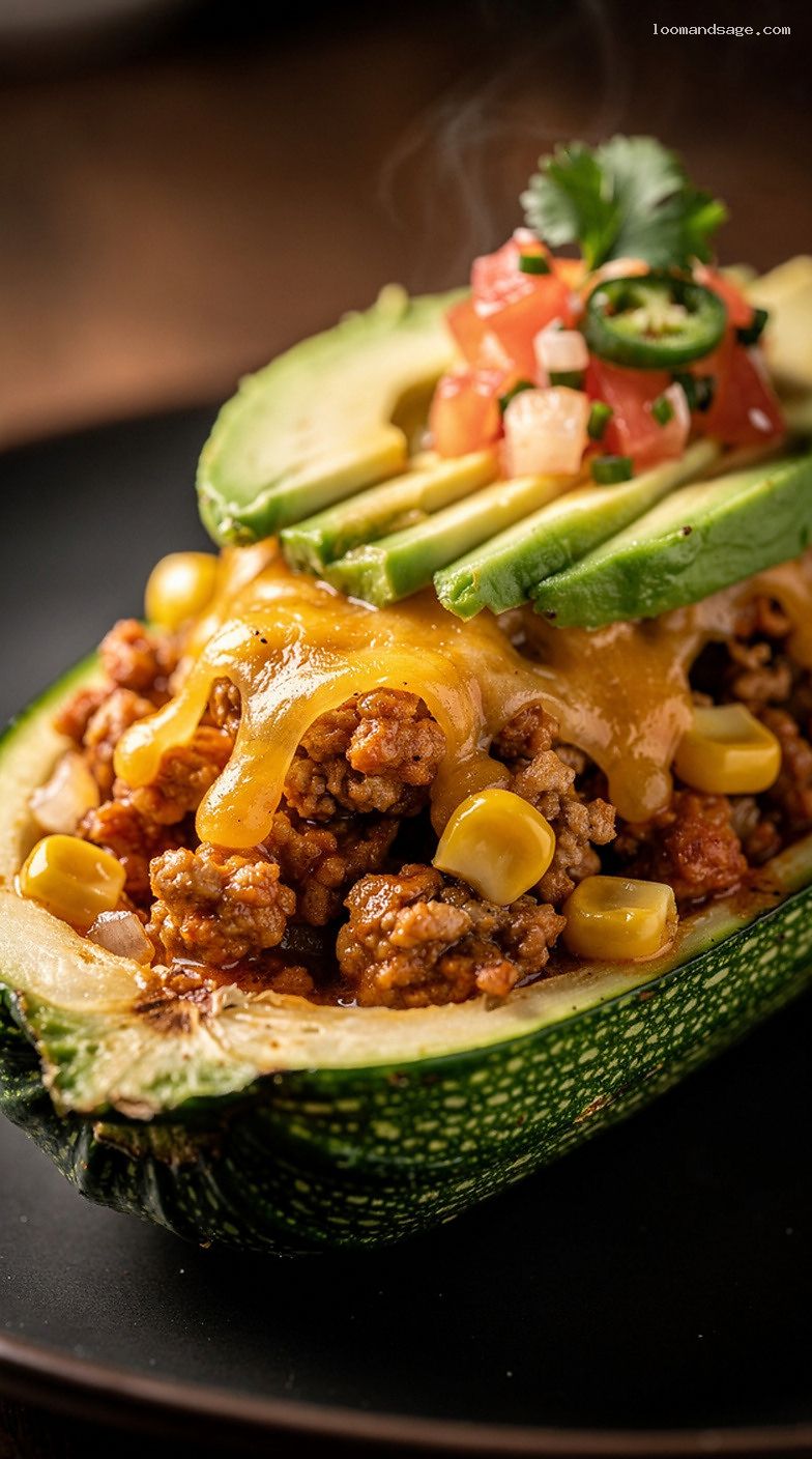 Taco-Style Stuffed Zucchini Boats With Turkey and Avocado – Closeup