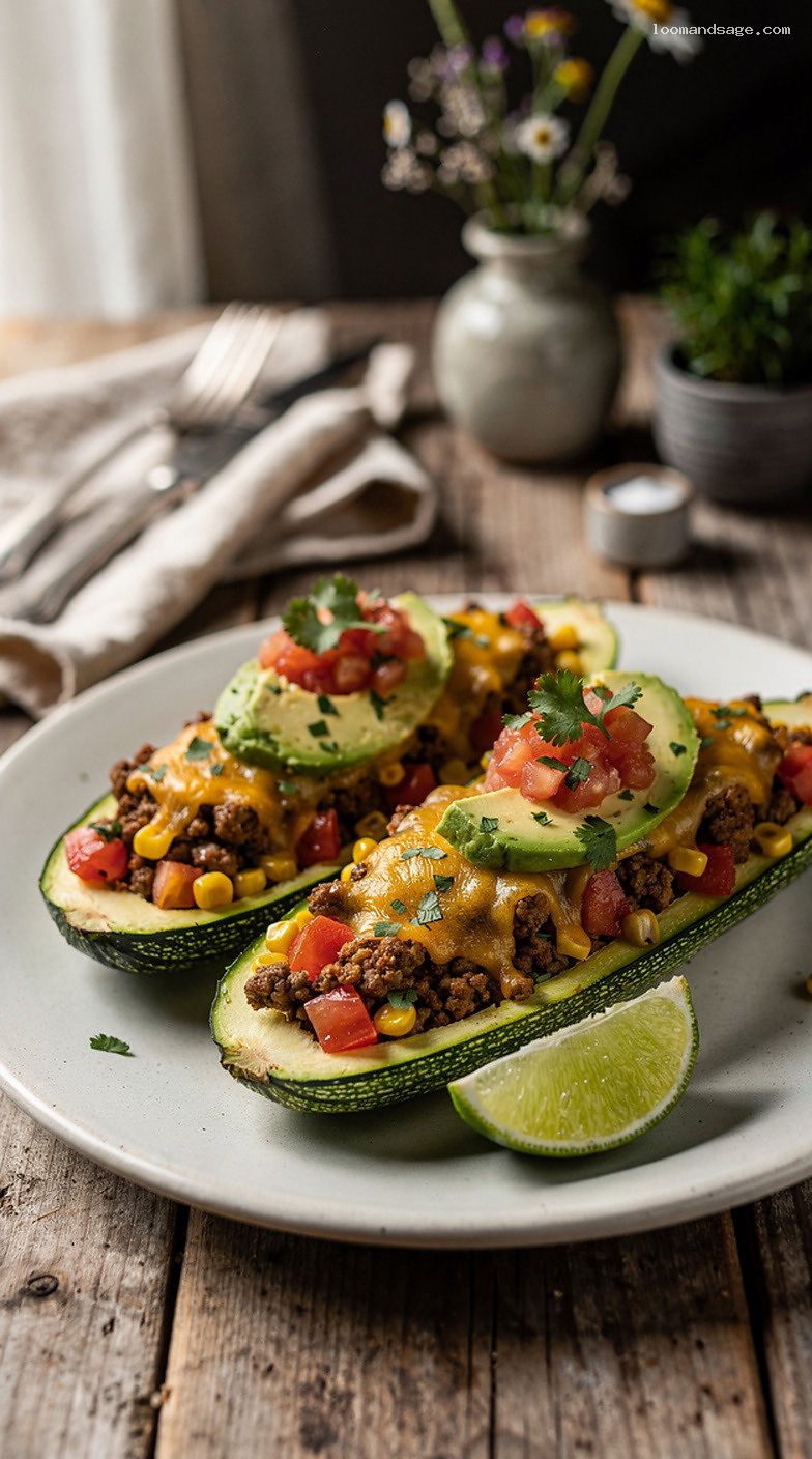 Taco-Style Stuffed Zucchini Boats With Turkey and Avocado