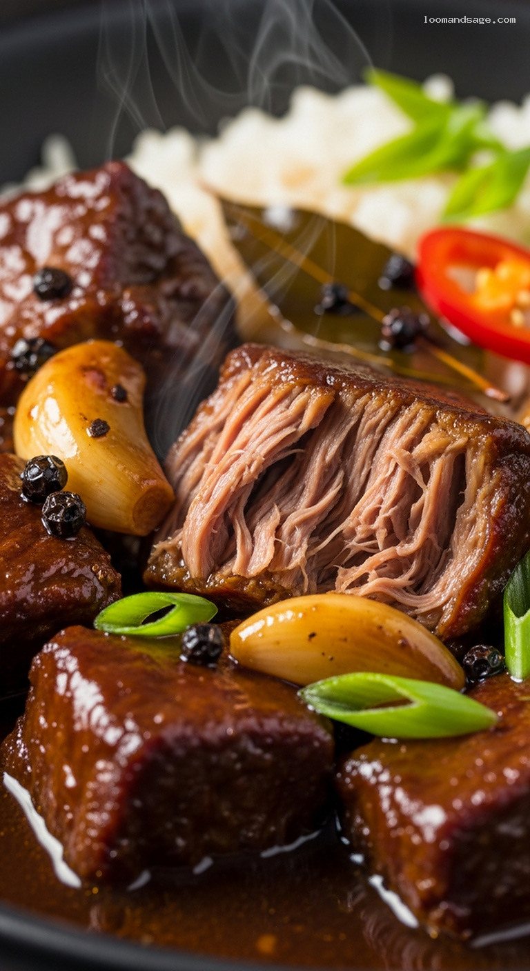 Tangy Filipino Lamb Adobo with Soy and Vinegar – Closeup