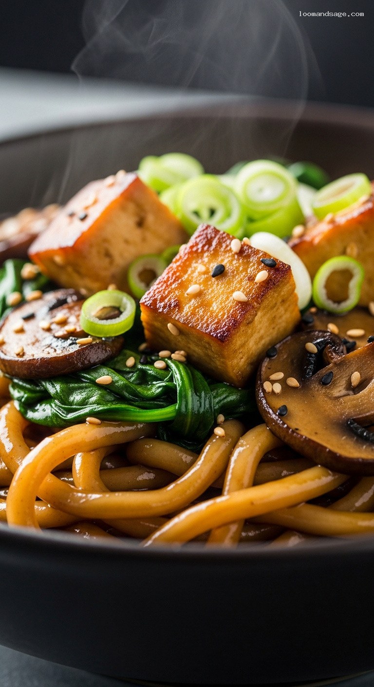 Teriyaki Udon With Pan-Seared Tofu, Mushrooms, and Spinach – Closeup