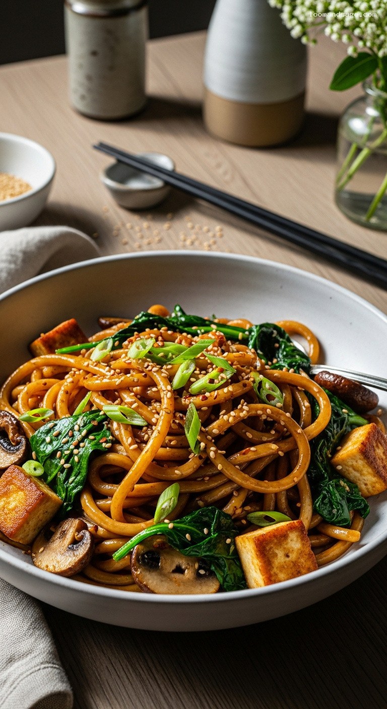 Teriyaki Udon With Pan-Seared Tofu, Mushrooms, and Spinach