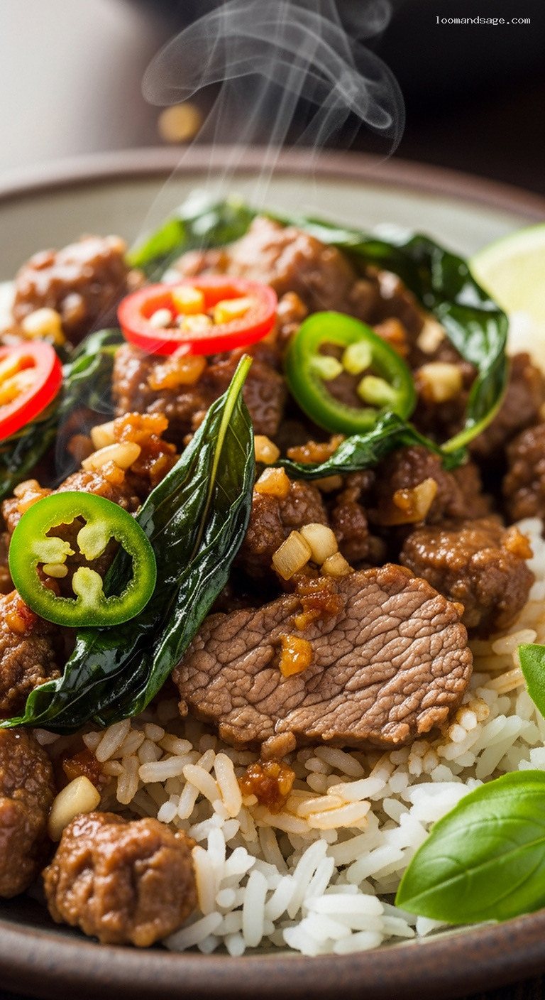 Thai Basil Lamb Stir-Fry Over Jasmine Rice – Closeup