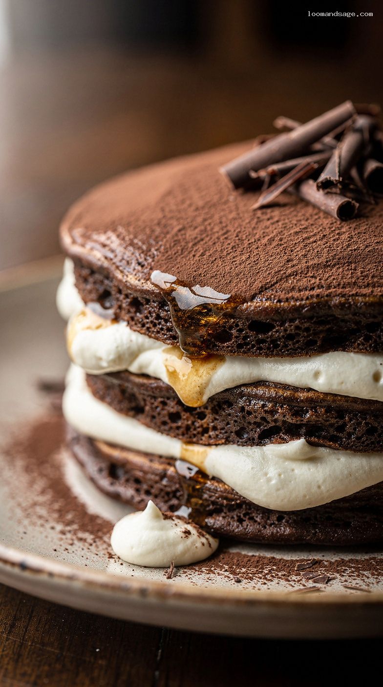 Tiramisu Pancakes With Coffee-Soaked Layers and Mascarpone Cream – Closeup