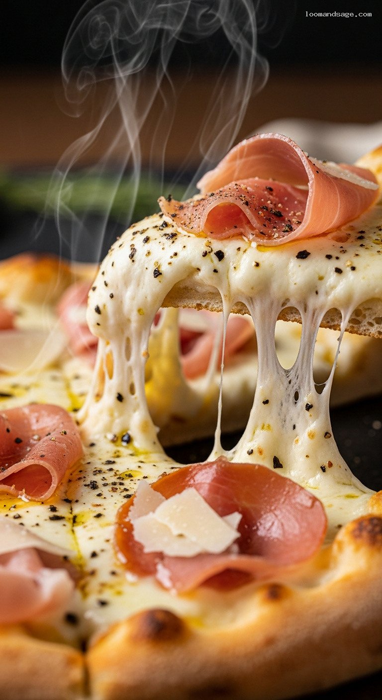 Truffle Prosciutto Bianca Pizza With Creamy White Sauce – Closeup