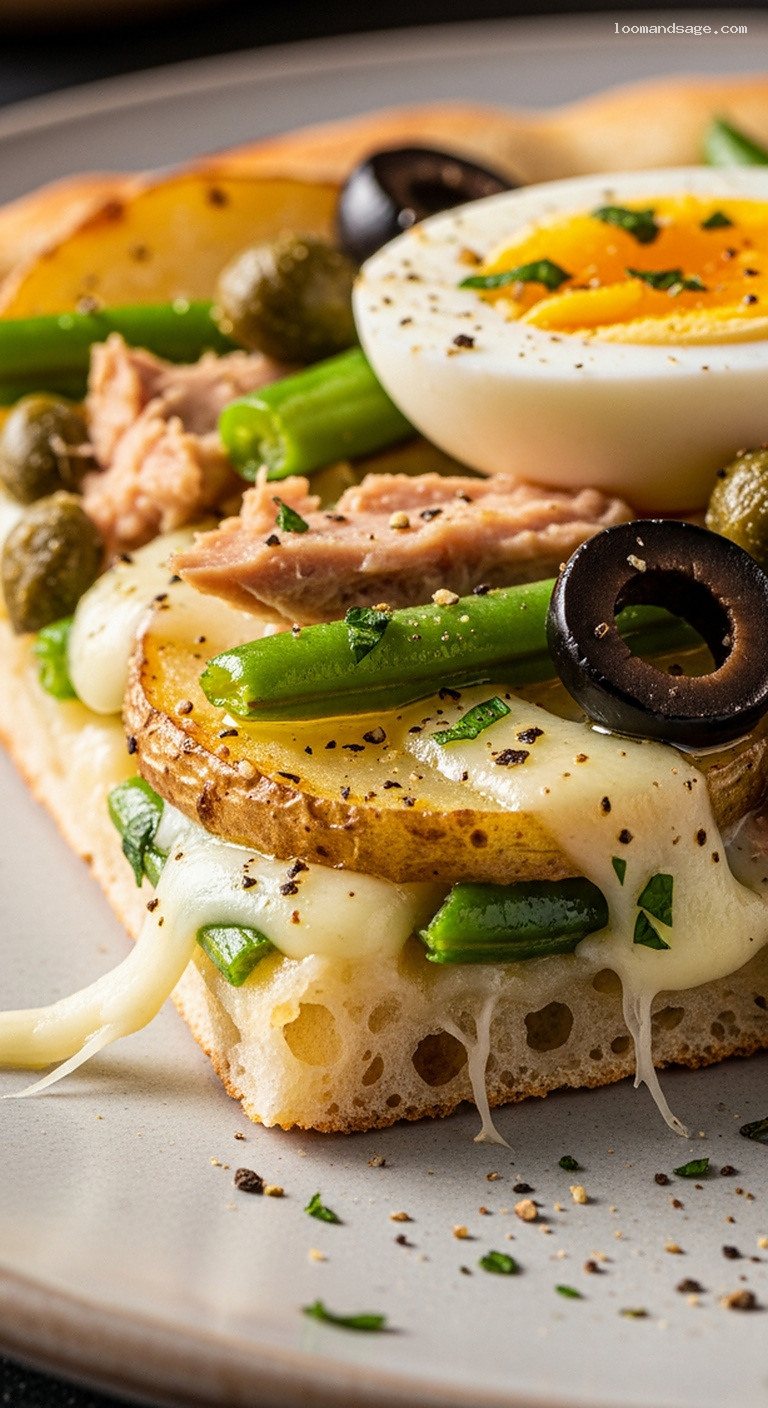 Tuna Niçoise Pizza with Potatoes, Eggs and Olives – Closeup