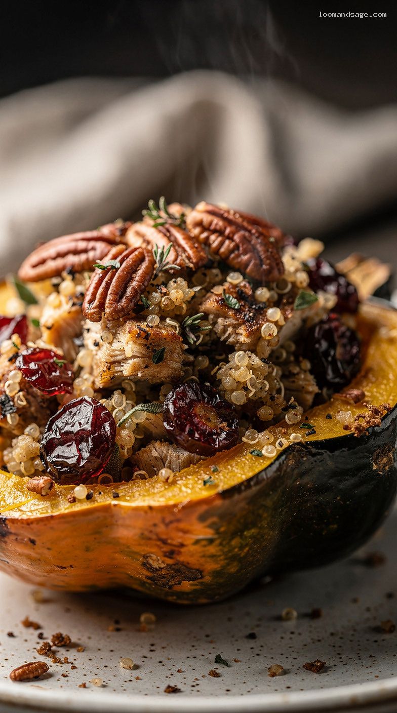 Turkey and Quinoa Stuffed Acorn Squash with Cranberries and Pecans – Closeup