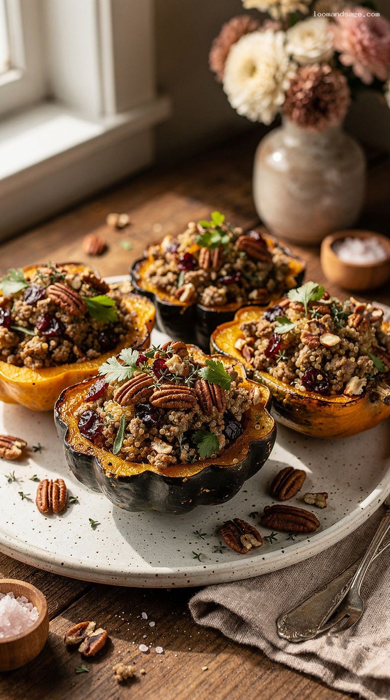 Turkey and Quinoa Stuffed Acorn Squash with Cranberries and Pecans