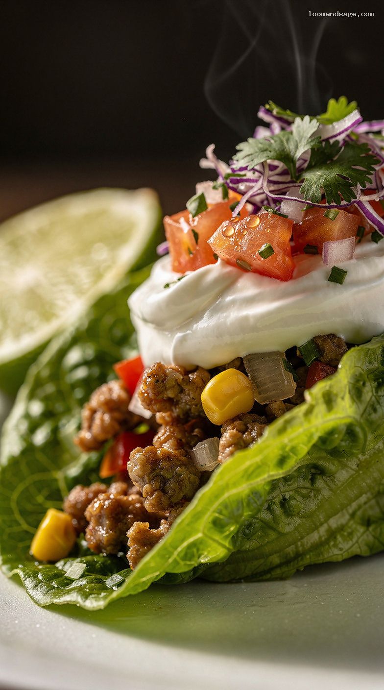 Turkey and Veggie Lettuce Wrap Tacos With Pico and Lime – Closeup
