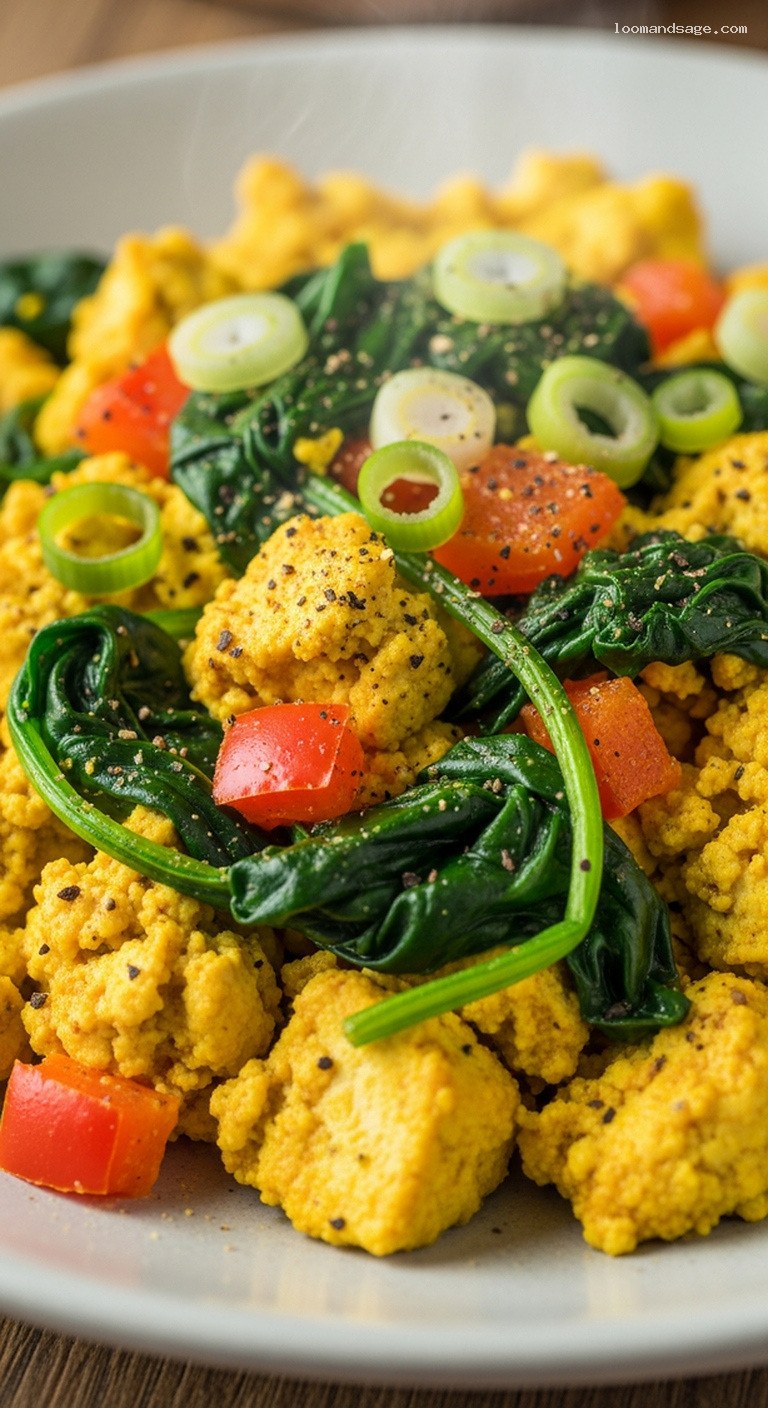 Turmeric Tofu Scramble With Peppers, Spinach and Nutritional Yeast – Closeup