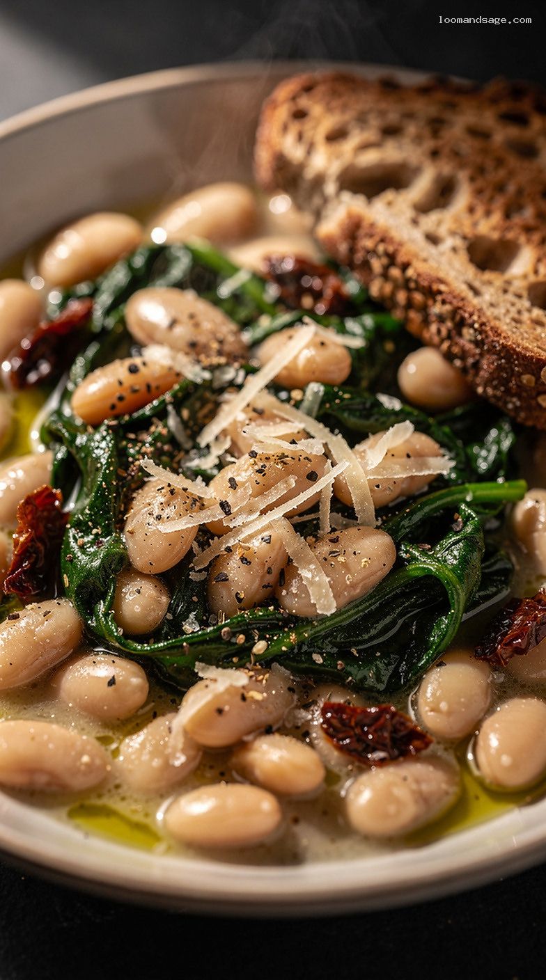 Tuscan White Bean and Spinach Skillet with Sun-Dried Tomatoes – Closeup