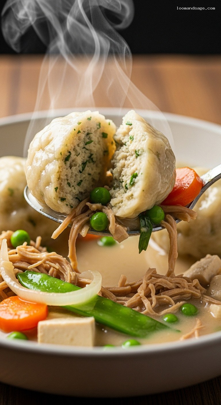 Vegan Chicken and Dumplings with Jackfruit or Tofu – Closeup