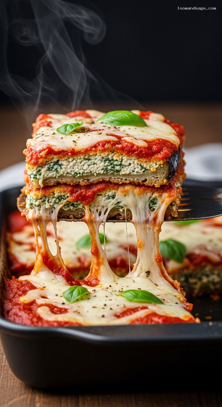 Vegan Eggplant Parmesan with Cashew Ricotta and Tomato Sauce – Closeup