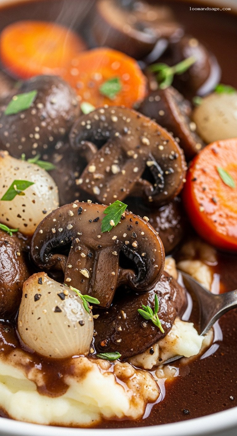 Vegan Mushroom Bourguignon with Red Wine and Thyme – Closeup