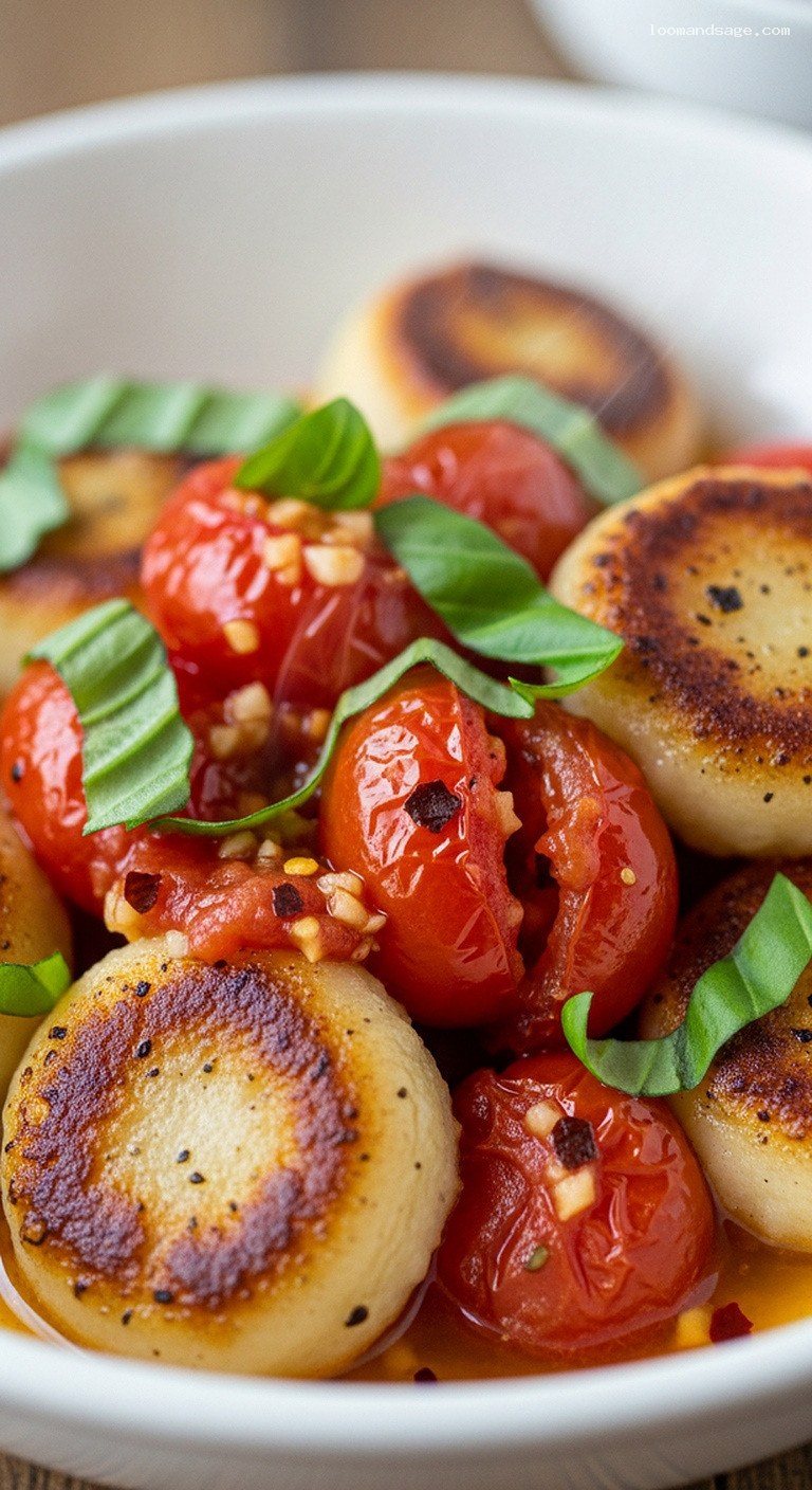 Vegan Pan-Fried Gnocchi with Tomatoes and Basil – Closeup