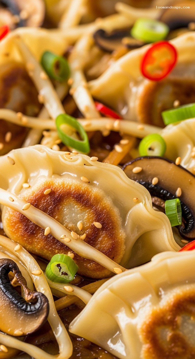 Vegan Pot Sticker Stir-Fry with Cabbage and Mushrooms – Closeup