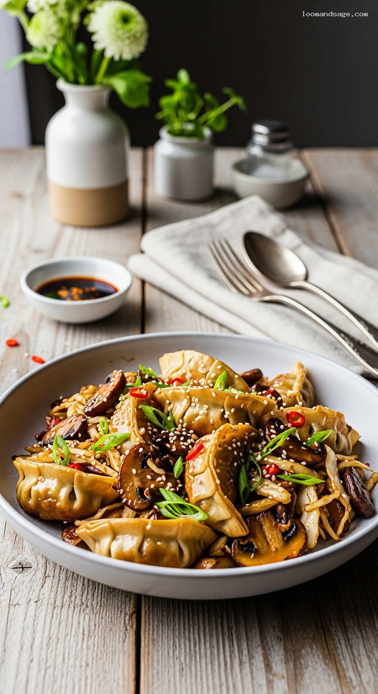 Vegan Pot Sticker Stir-Fry with Cabbage and Mushrooms
