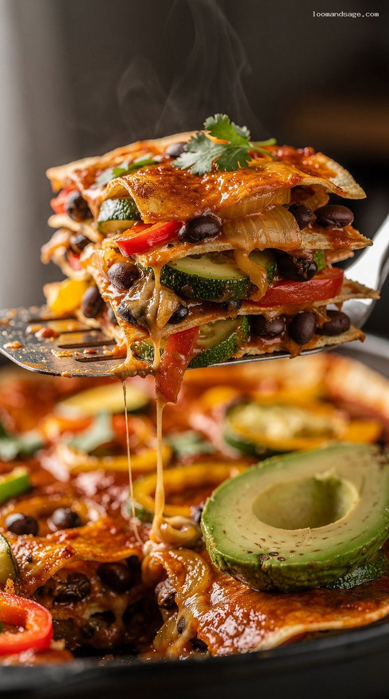 Veggie Black Bean Enchilada Bake with Avocado and Cilantro – Closeup