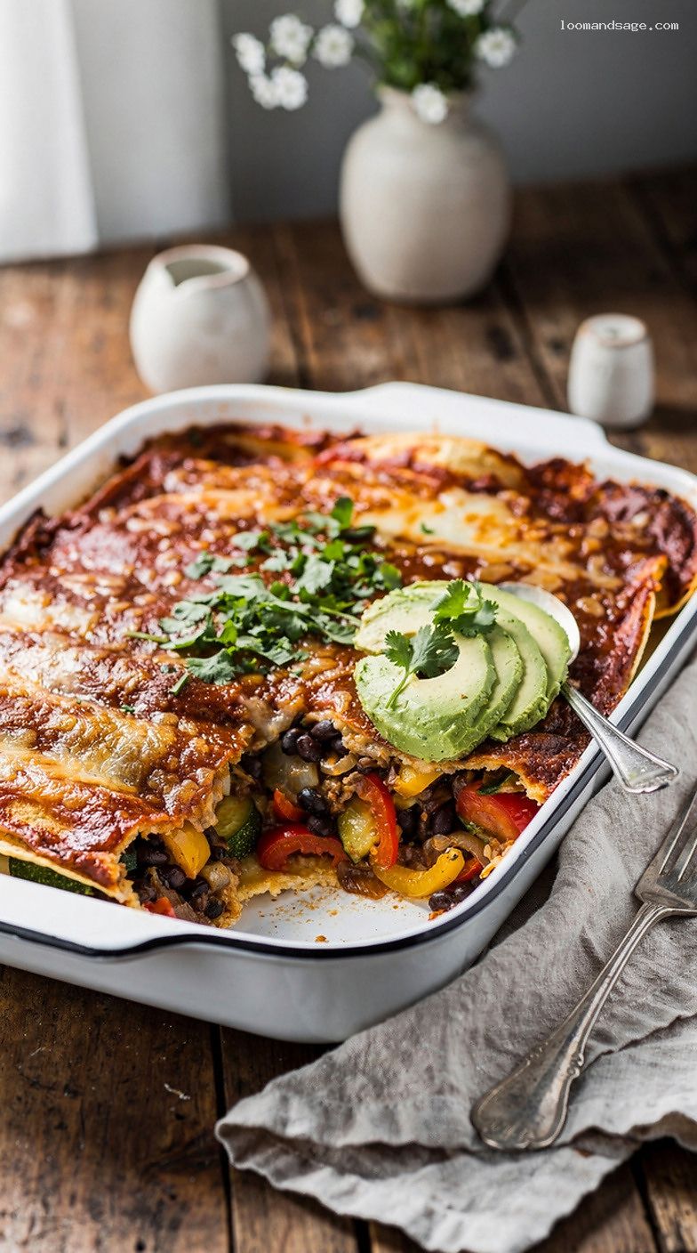 Veggie Black Bean Enchilada Bake with Avocado and Cilantro