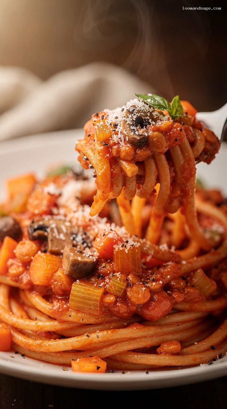 Veggie-Loaded Red Lentil Bolognese with Whole-Wheat Pasta – Closeup