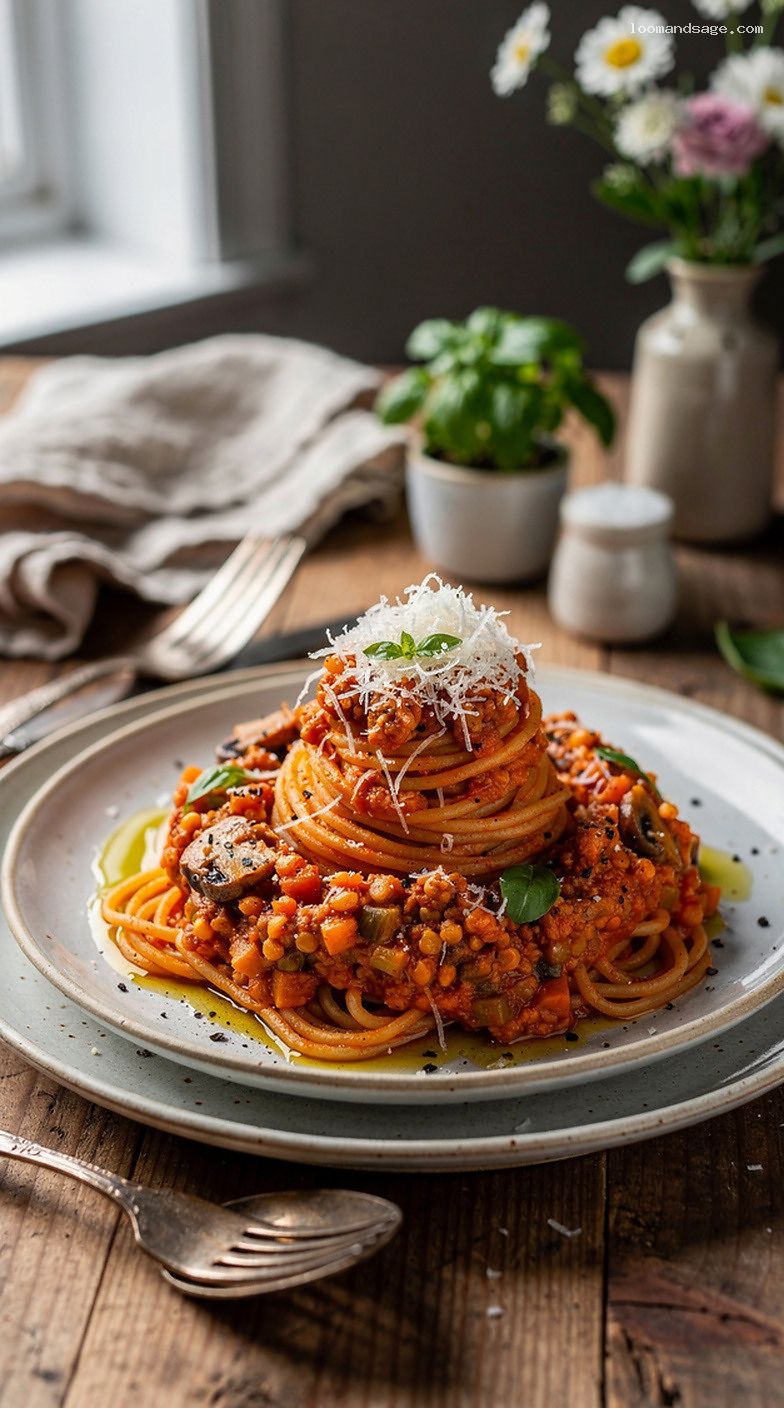 Veggie-Loaded Red Lentil Bolognese with Whole-Wheat Pasta