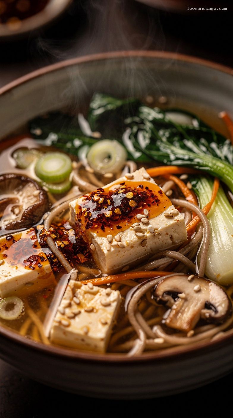 Veggie Miso Noodle Soup With Tofu, Mushrooms, and Bok Choy – Closeup