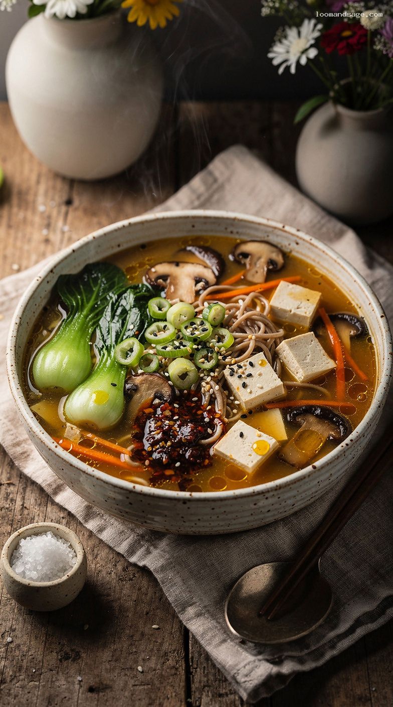Veggie Miso Noodle Soup With Tofu, Mushrooms, and Bok Choy
