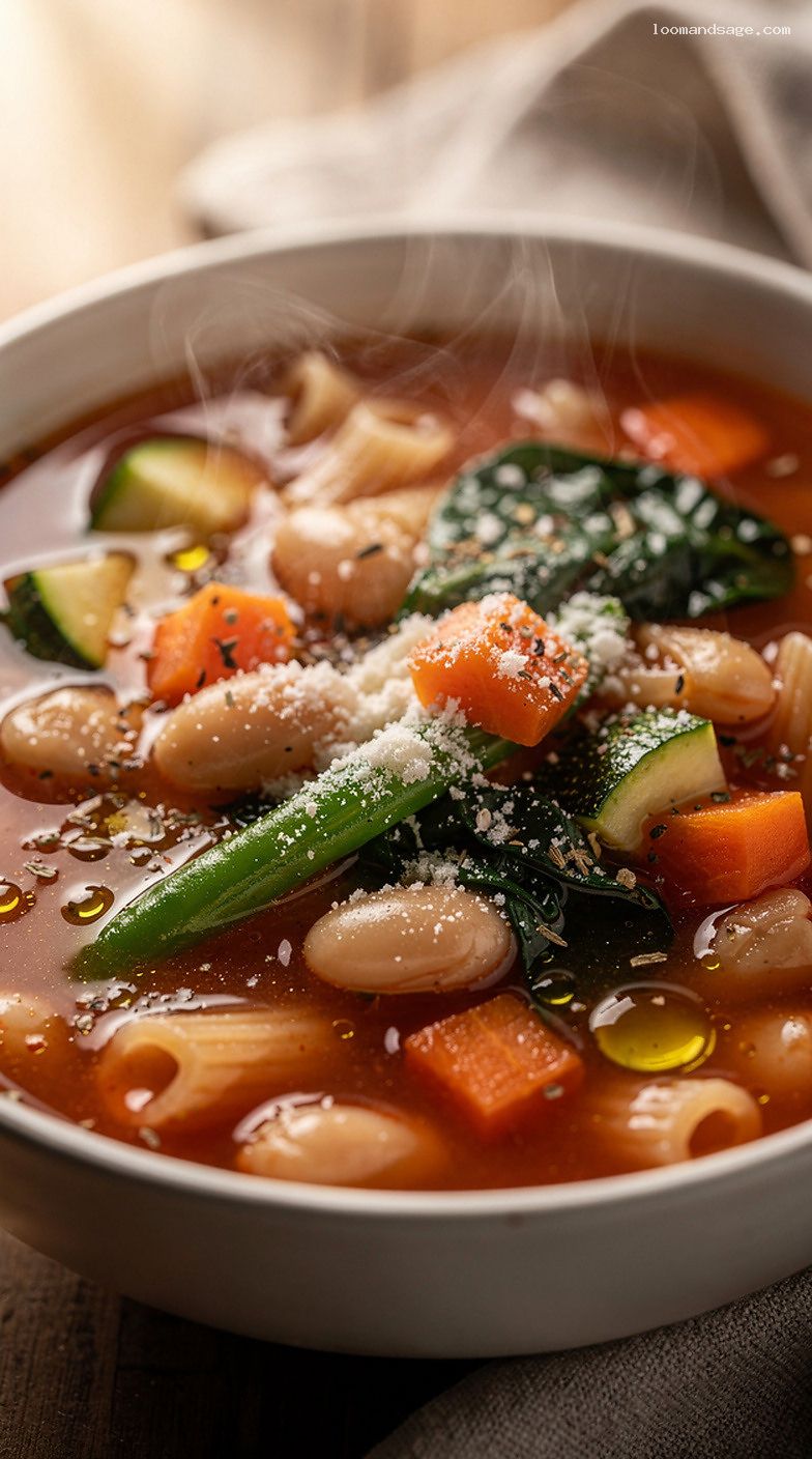 Veggie-Packed Minestrone Soup With Whole-Grain Pasta and Lemon – Closeup