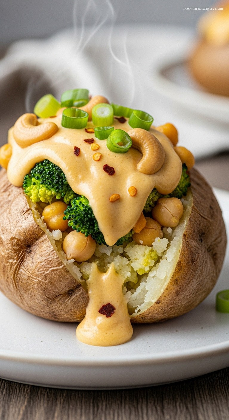 Veggie Stuffed Baked Potatoes With Broccoli and Cashew Cheese – Closeup