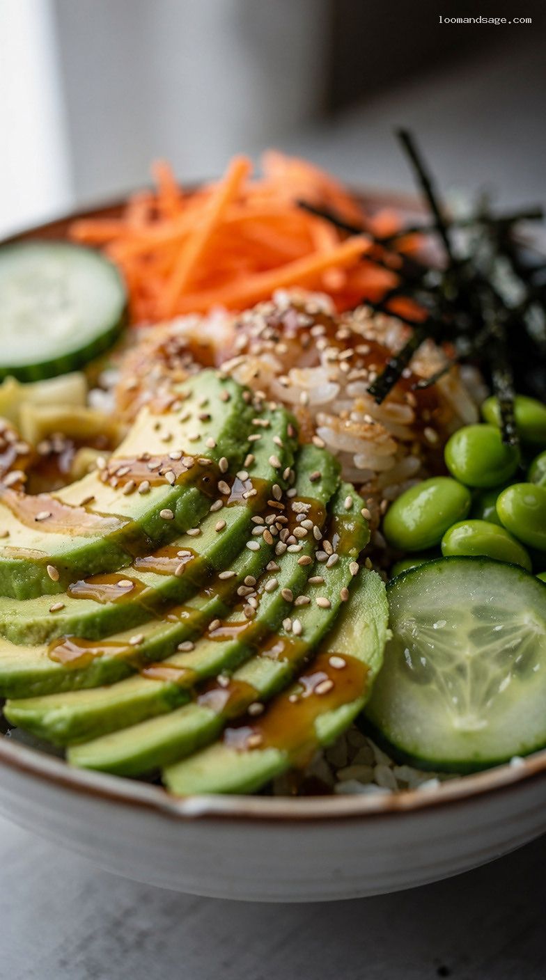 Veggie Sushi Bowl With Soy-Sesame Drizzle – Closeup