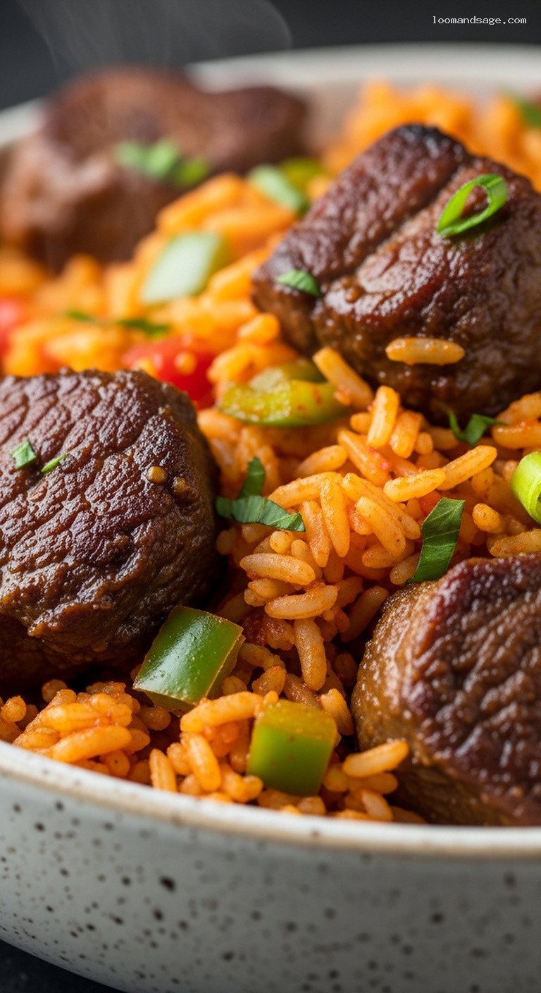 West African Lamb Jollof Rice With Peppers and Aromatics – Closeup