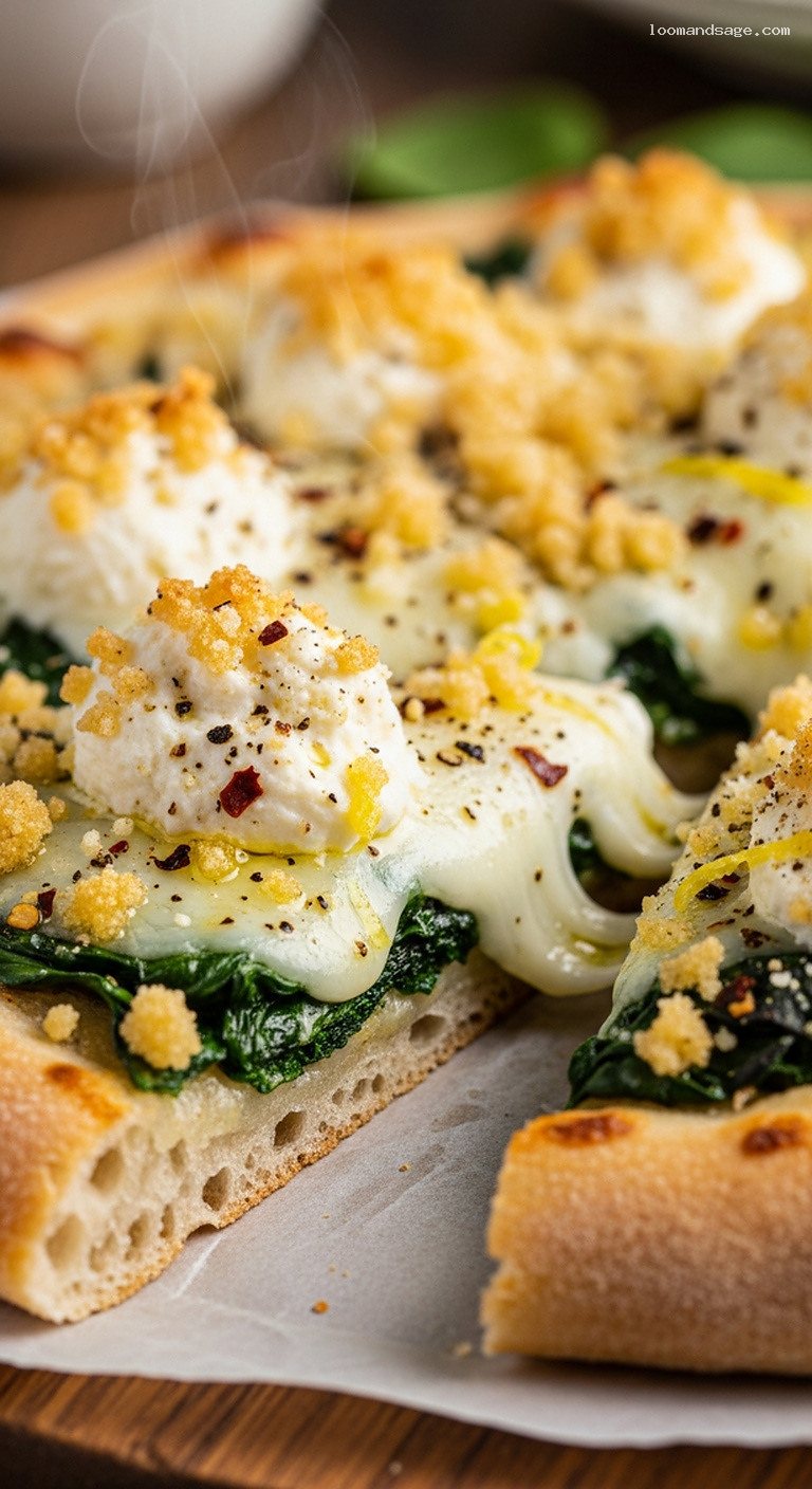 White Spinach and Ricotta Pizza with Toasted Breadcrumbs – Closeup