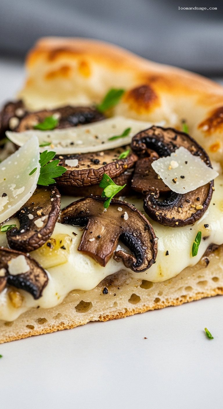 Wild Mushroom and Truffle Pizza with Garlic Butter – Closeup