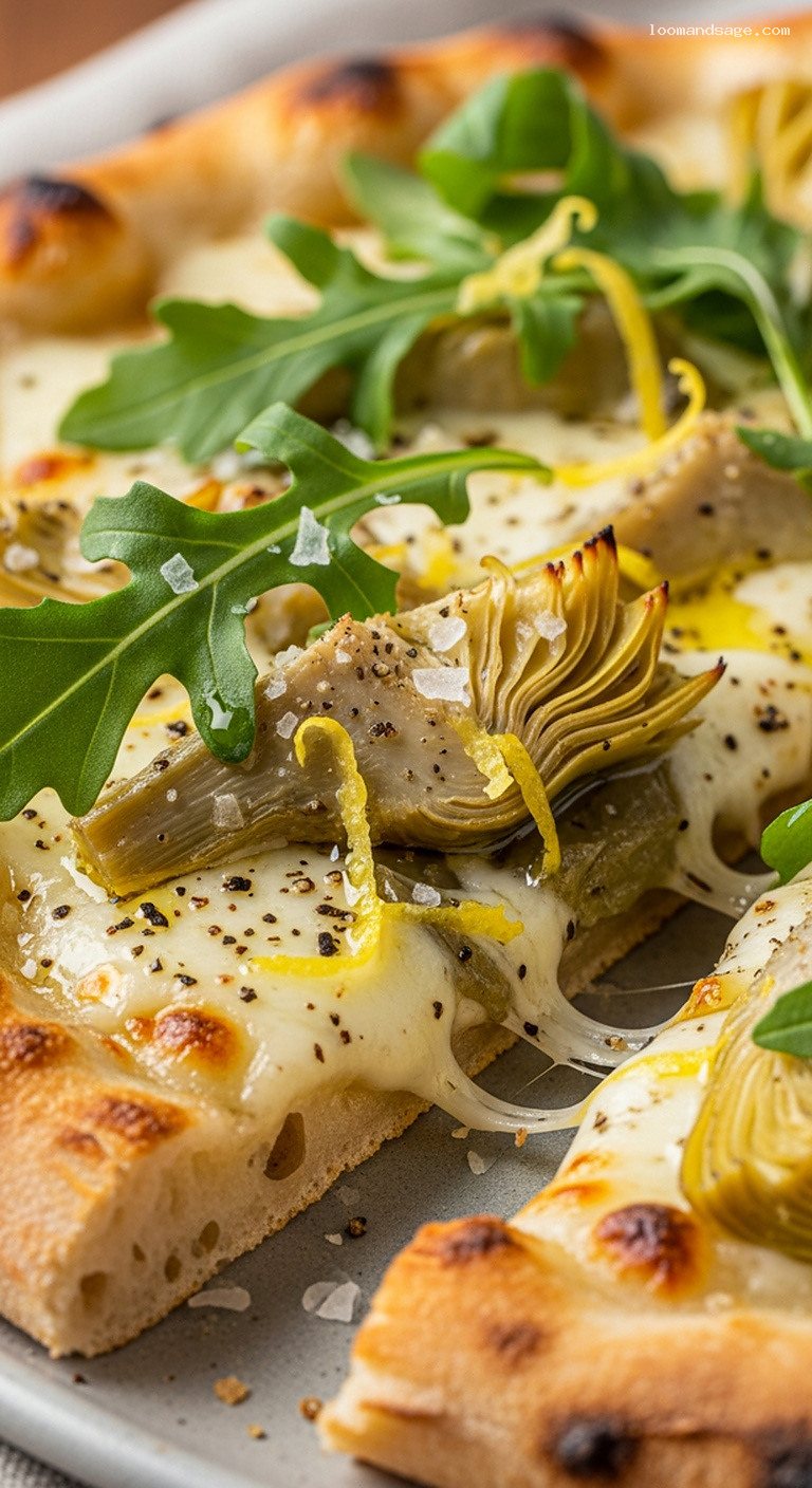 Zesty Lemon Artichoke Pizza With Arugula and Mozzarella – Closeup