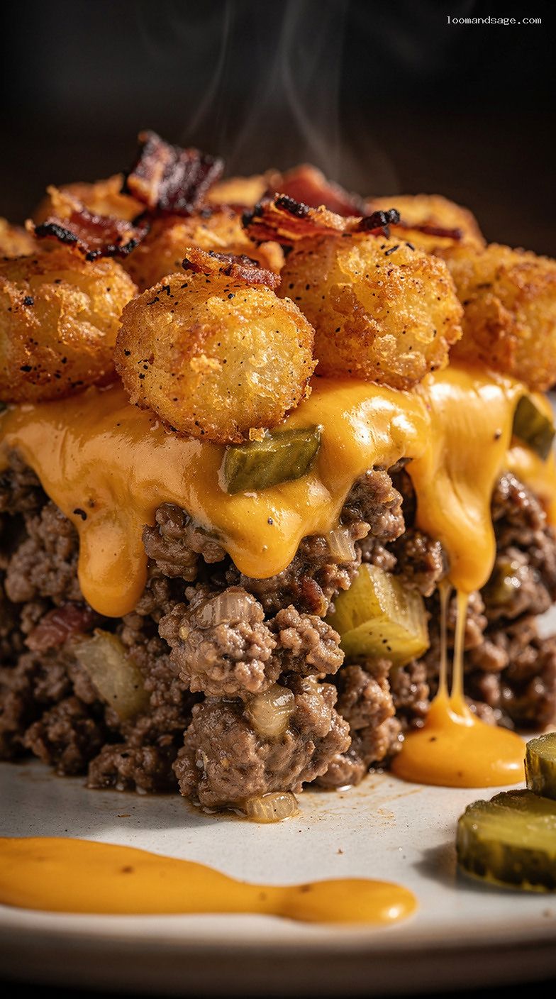 Bacon Cheeseburger Tater Tot Casserole with Burger Sauce – Closeup