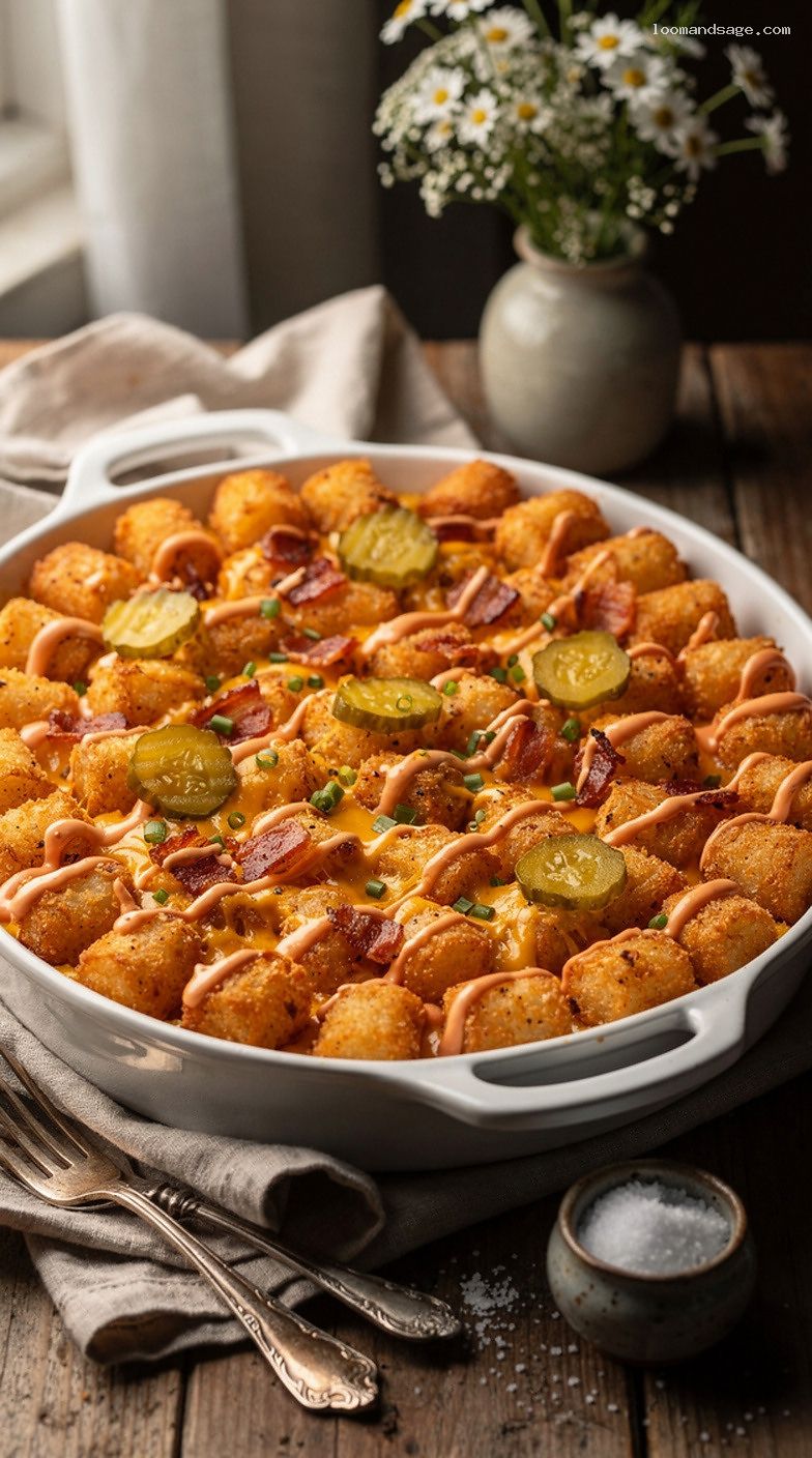 Bacon Cheeseburger Tater Tot Casserole with Burger Sauce