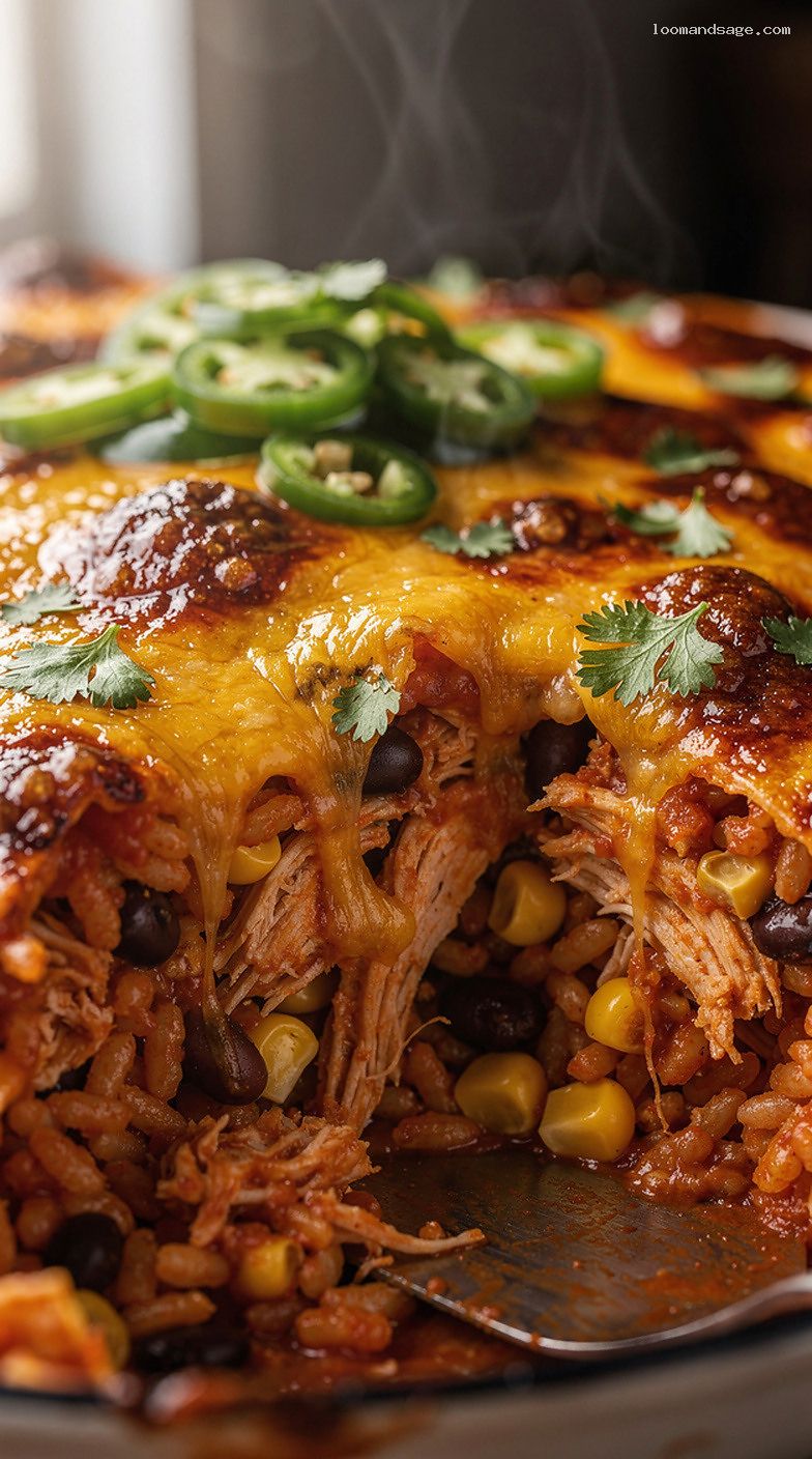 Baked Chicken Enchilada Rice Casserole With Black Beans and Corn – Closeup