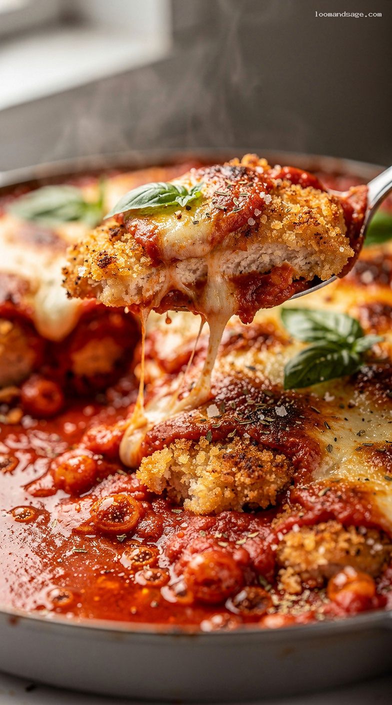 Baked Chicken Parmesan Casserole With Marinara And Mozzarella – Closeup