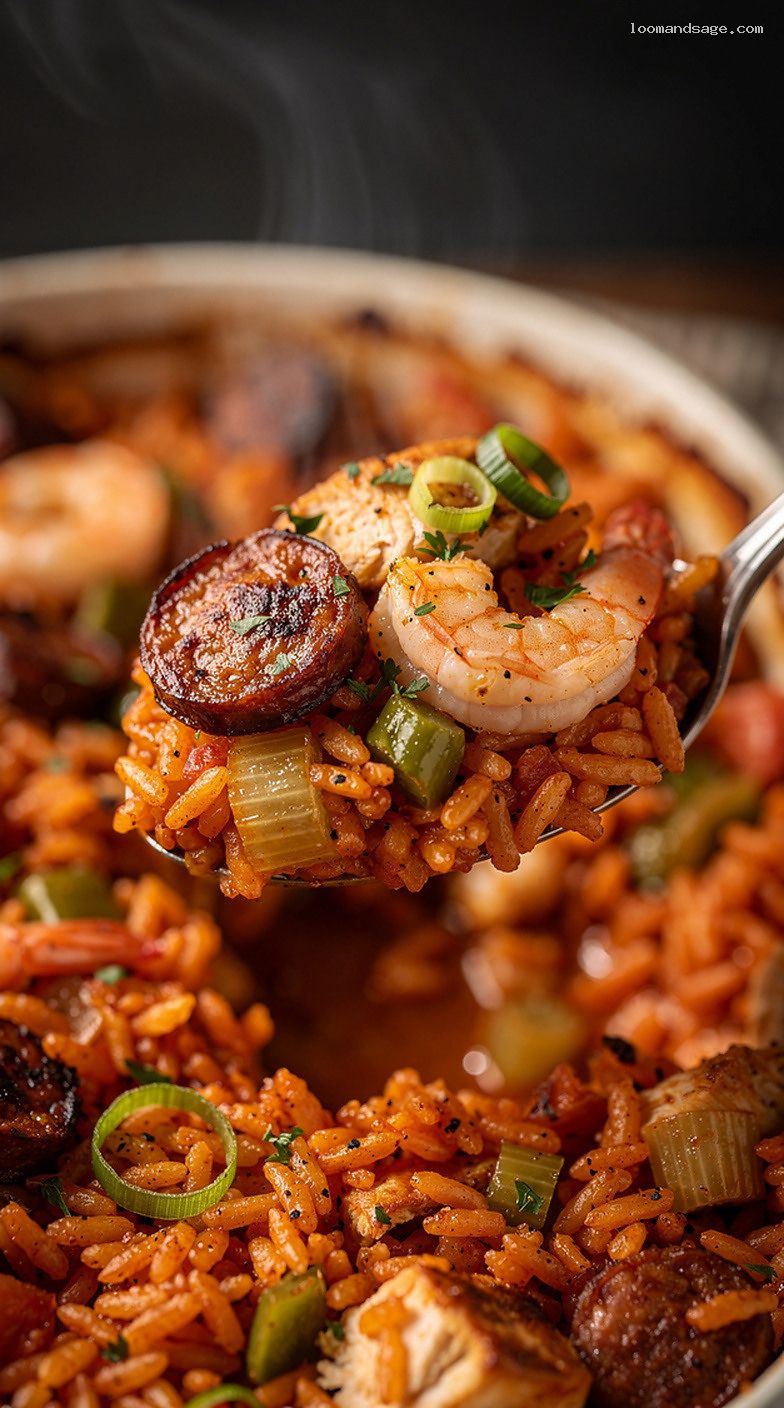 Baked Jambalaya Casserole With Sausage, Chicken, and Cajun Spices – Closeup