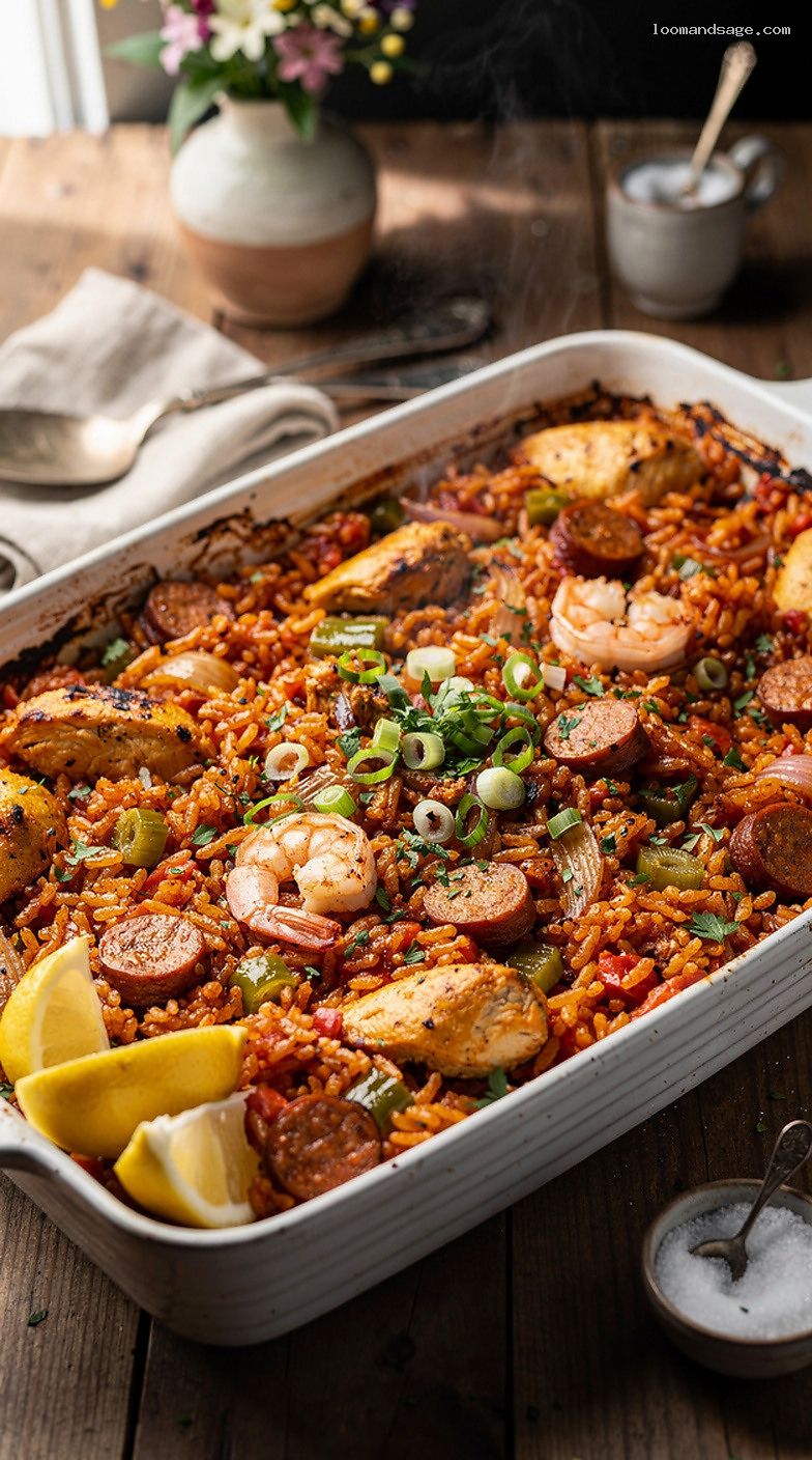 Baked Jambalaya Casserole With Sausage, Chicken, and Cajun Spices