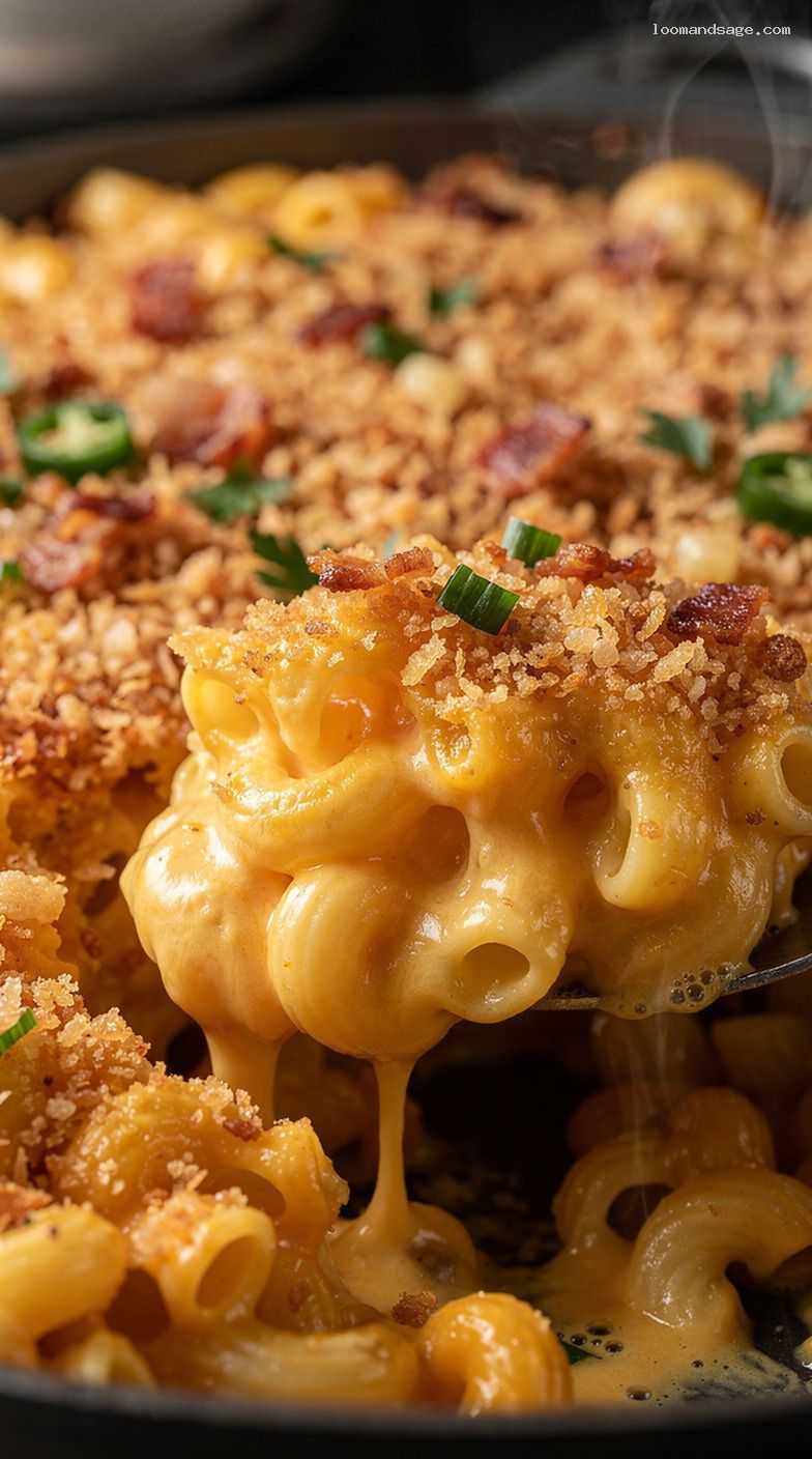 Baked Mac and Cheese Casserole With Crunchy Breadcrumb Topping – Closeup