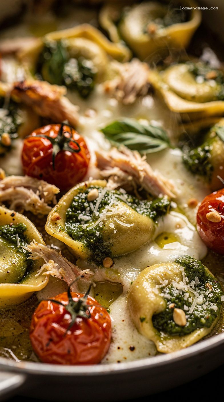 Baked Pesto Chicken Tortellini with Roasted Cherry Tomatoes – Closeup