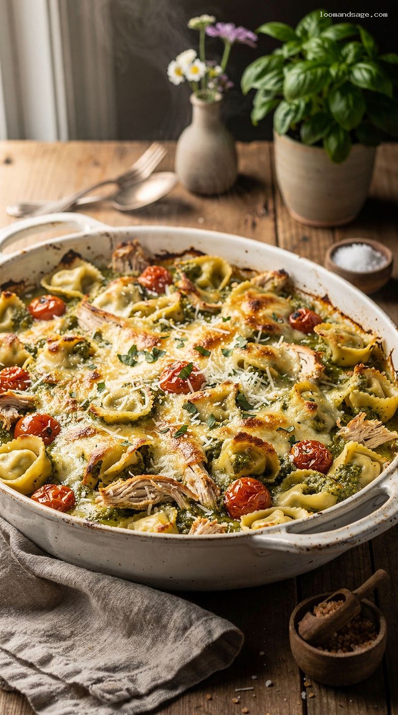 Baked Pesto Chicken Tortellini with Roasted Cherry Tomatoes