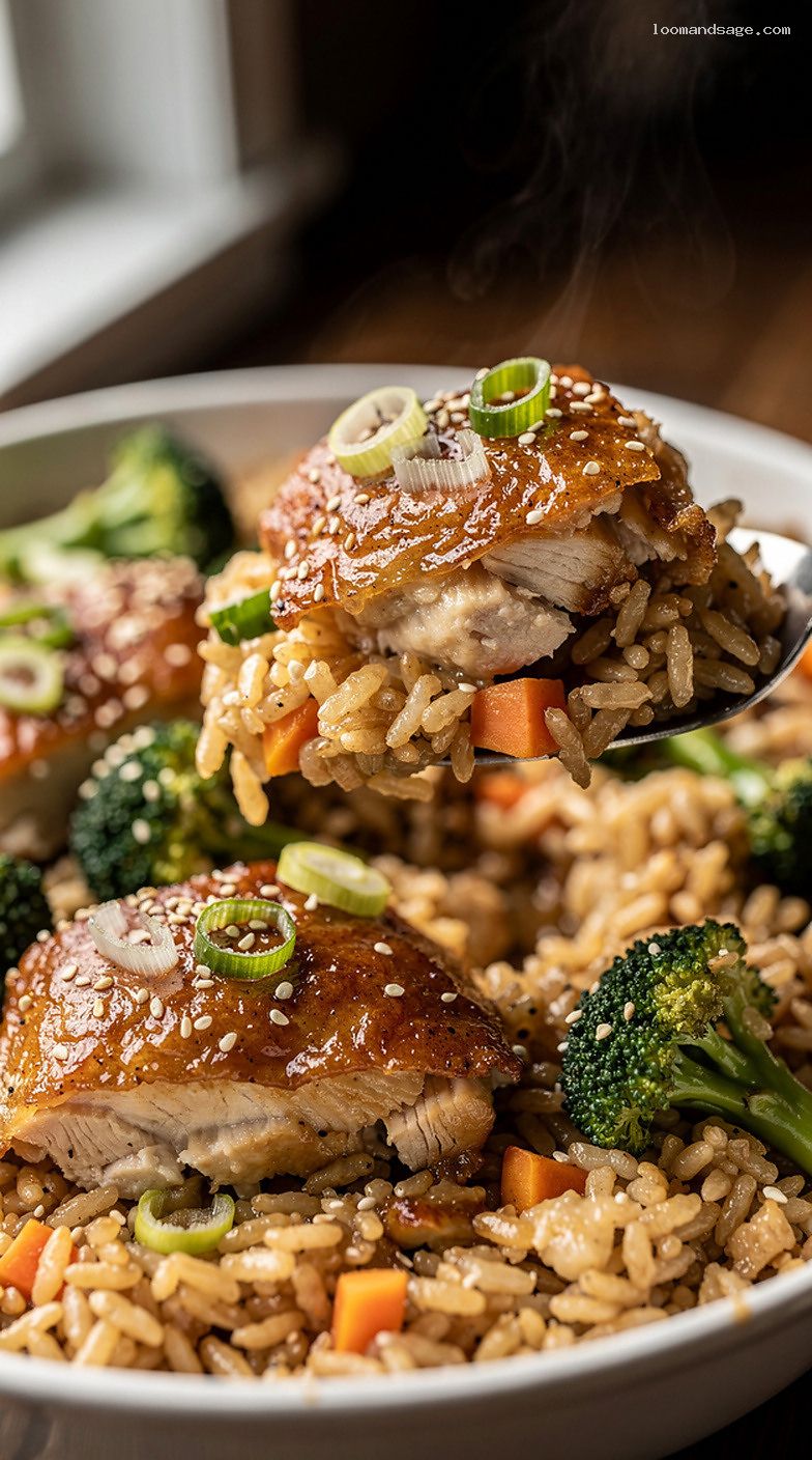 Baked Teriyaki Chicken and Rice Casserole with Vegetables – Closeup
