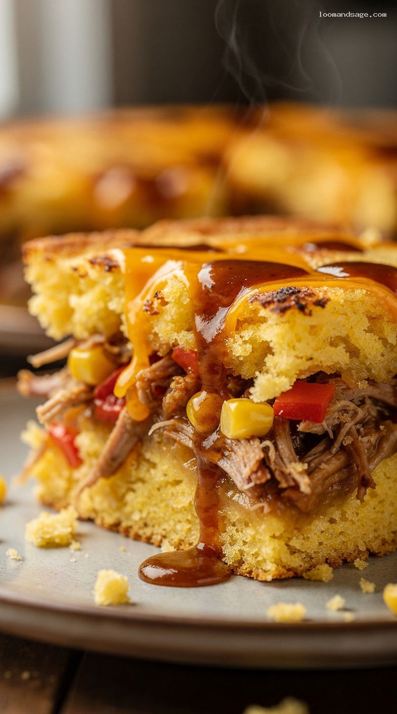 BBQ Pulled Pork Cornbread Casserole With Cheddar – Closeup