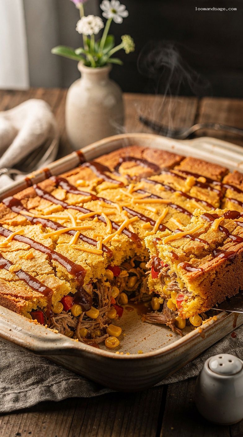 BBQ Pulled Pork Cornbread Casserole With Cheddar